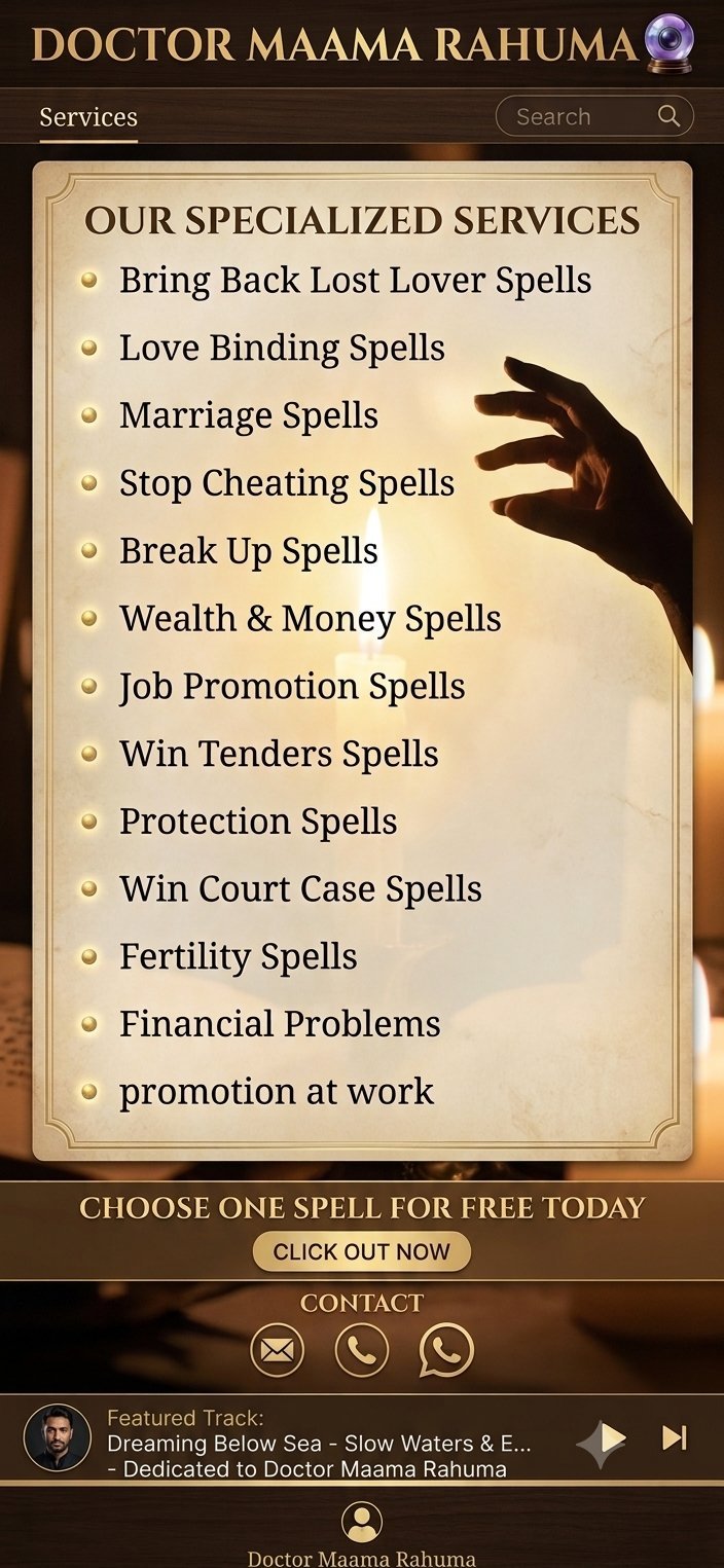Doctor Maama Rahuma website displaying specialized spell services including love spells, protection spells, and financial services