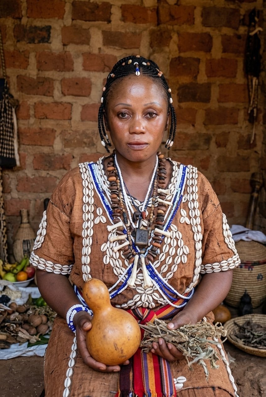 Maama Rahuma in traditional African attire holding a gourd, wearing beaded braids and ornamental necklaces against a brick wall